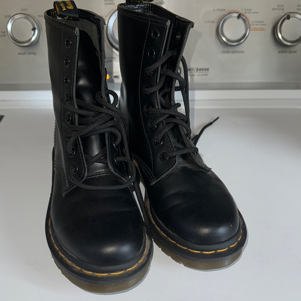 Dr. Martens Black Leather Boots with Yellow Stitching
